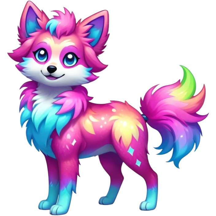 Vibrant multicolored neon-colored Falvie-Fionbri-creature-sparkle-dog-fursona, full body emoji