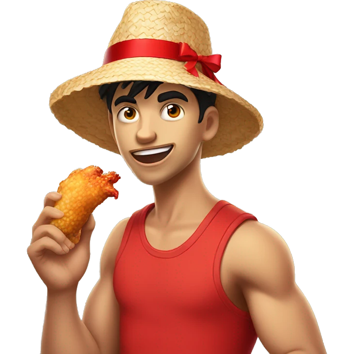 Young guy with black hair in a red tank top, wearing a straw hat with a red ribbon is making an extremely goofy face and eating a cartoonish chicken leg emoji