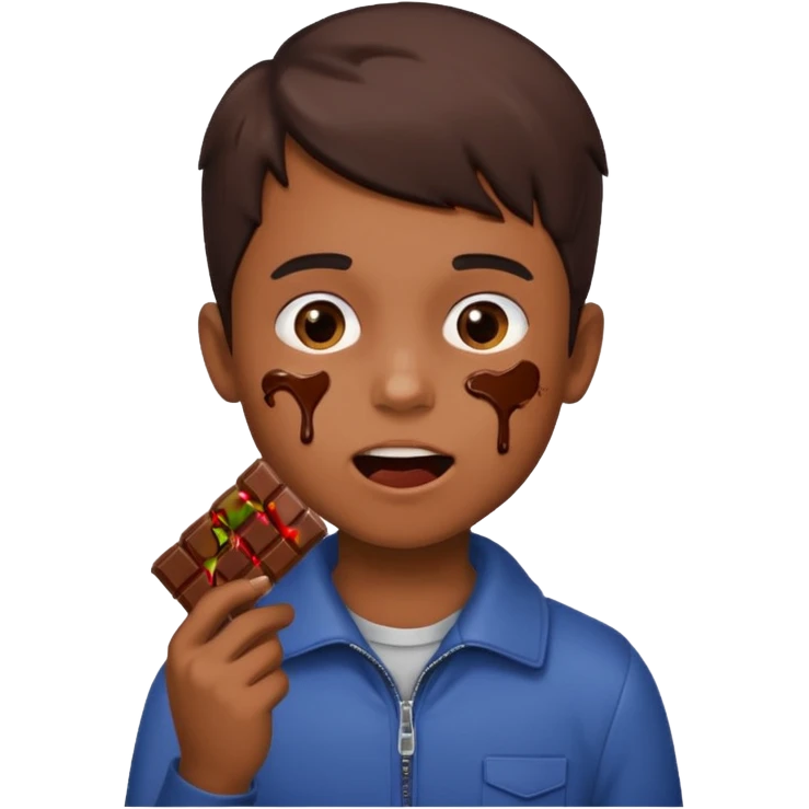 A boy holding a chocolate bar with him chewing on the bite he took emoji