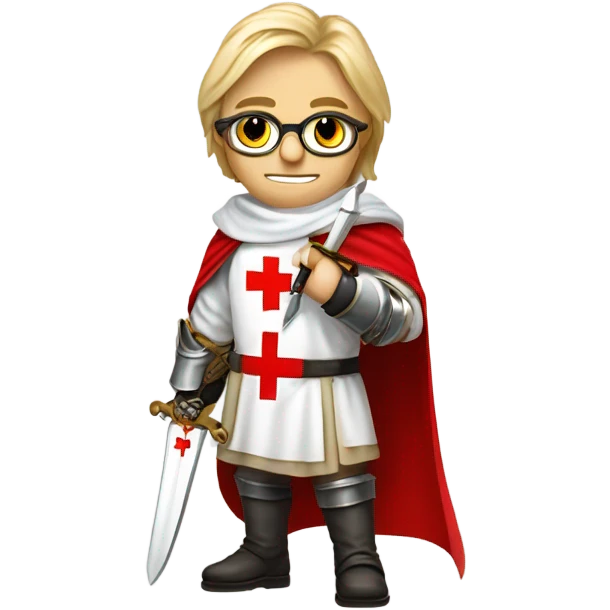 blond haired Masonic knight Templar wearing glasses and a white tunic with a Red Cross on the front and a white mantle with a hood with a Red Cross on the left side and a male face  and holding a sword. emoji