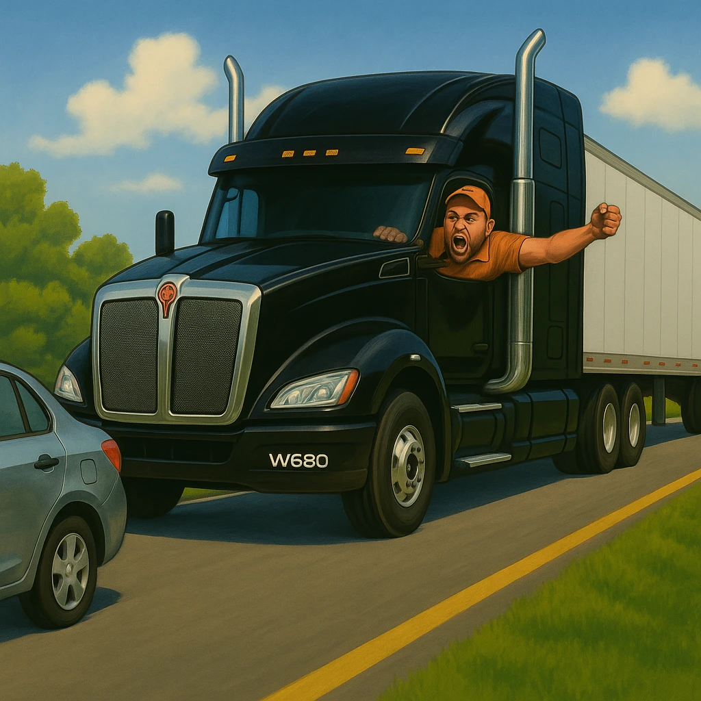 Zoom the scene out even farther, showing more of the road and landscape, with the black Kenworth W680 semi truck featuring a chrome stack, an angry bald driver wearing an orange shirt and baseball cap with his arm out the window, following a car. The scene should remain bright and vibrant. emoji