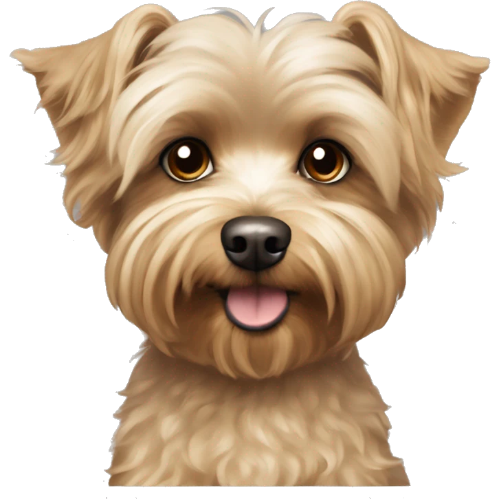yorkie bichon mix. dog with light tan curly fur, long ears down. dark brown eyes, looks sadish. emoji