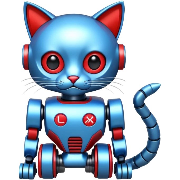 generate robot cat, glossy, realstic, red and blue color, write on text "LMX" emoji