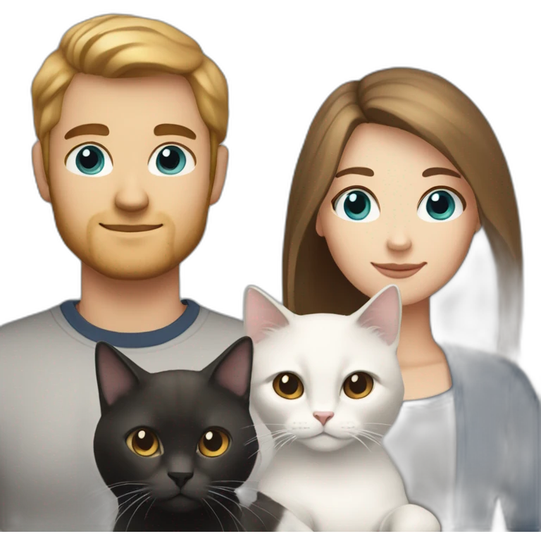 white female with blue-gray eyes and long hair with white male with brown bob hair and brown eyes holding black cat emoji