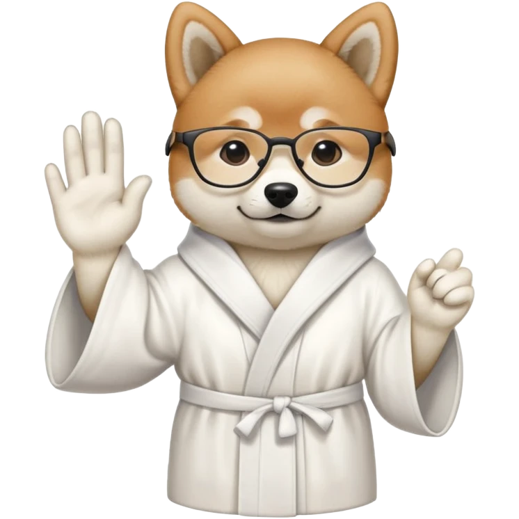 a Shiba Inu puppy wearing a white professor robe and glasses showing a piece sign with a hand emoji