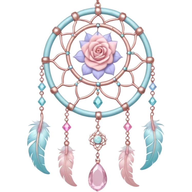 Rosy shiny glossy sparkly romantic pastel crescent damask moon with rose quartz pastel vines pastel gems pastel beads with feathers and chains  suncatcher-dreamcatcher emoji