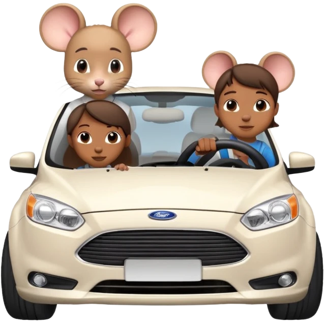 Two mouses, one girl and one boy, boy drive a white ford focus card emoji