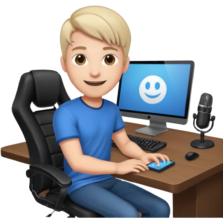 a setup of a youtuber, with a desktop pc on a table, a gaming chair, microphone, ring light emoji