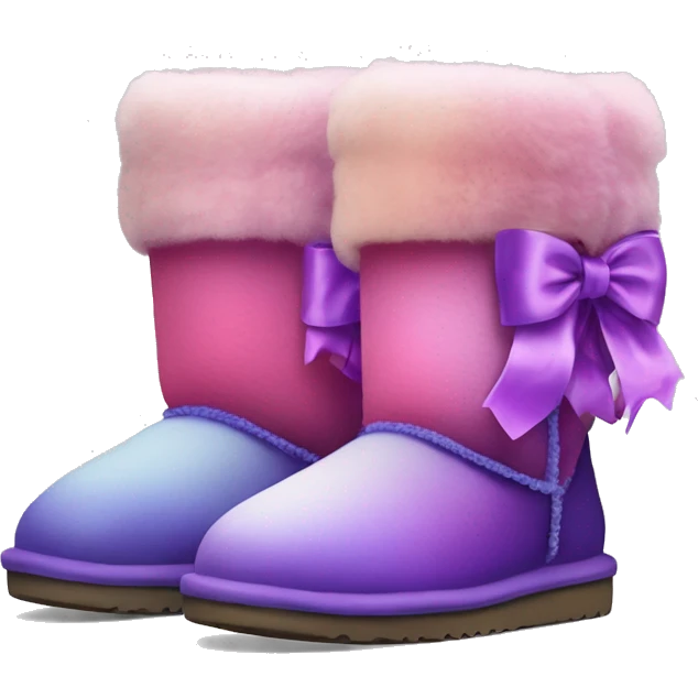Realistic pair of pink to purple ombre fur Ugg boots with silk ribbon bows. emoji