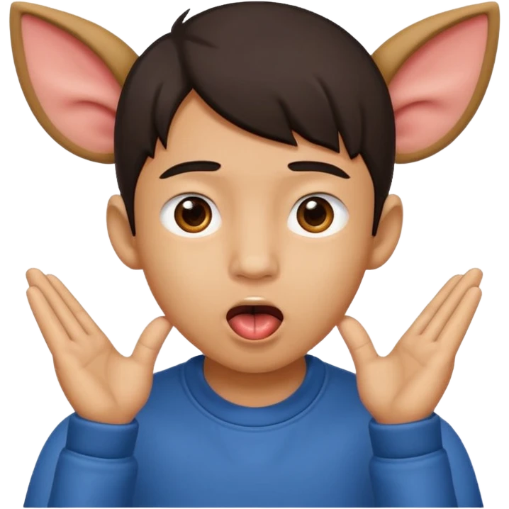a boy with asian eyes holding his ears and with his tongue out emoji