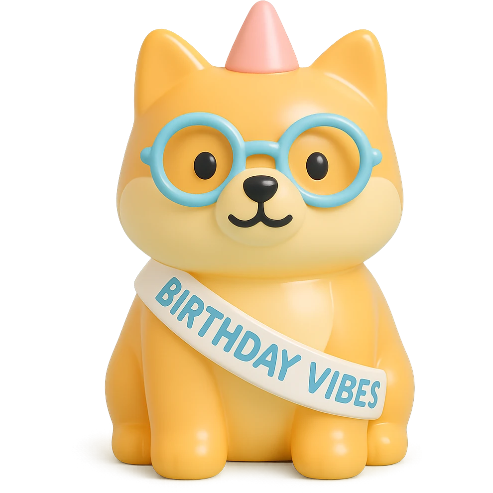 Shiba Inu wearing a "Birthday Vibes" sash and glasses, vinyl figure style, transparent background emoji