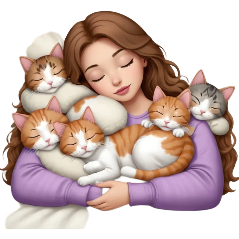 girl with long wavy brown hair, brown eyes, long lashes makeup, sexy pink lips, light to medium complexion,  sleeping on a cozy pillow, with 6 cats: 1 brown and white tabby cat, 1 ginger and white, 2 grey and white, 1 grey with white mittens and small white patch on chest and 1 calico, sleeping emoji