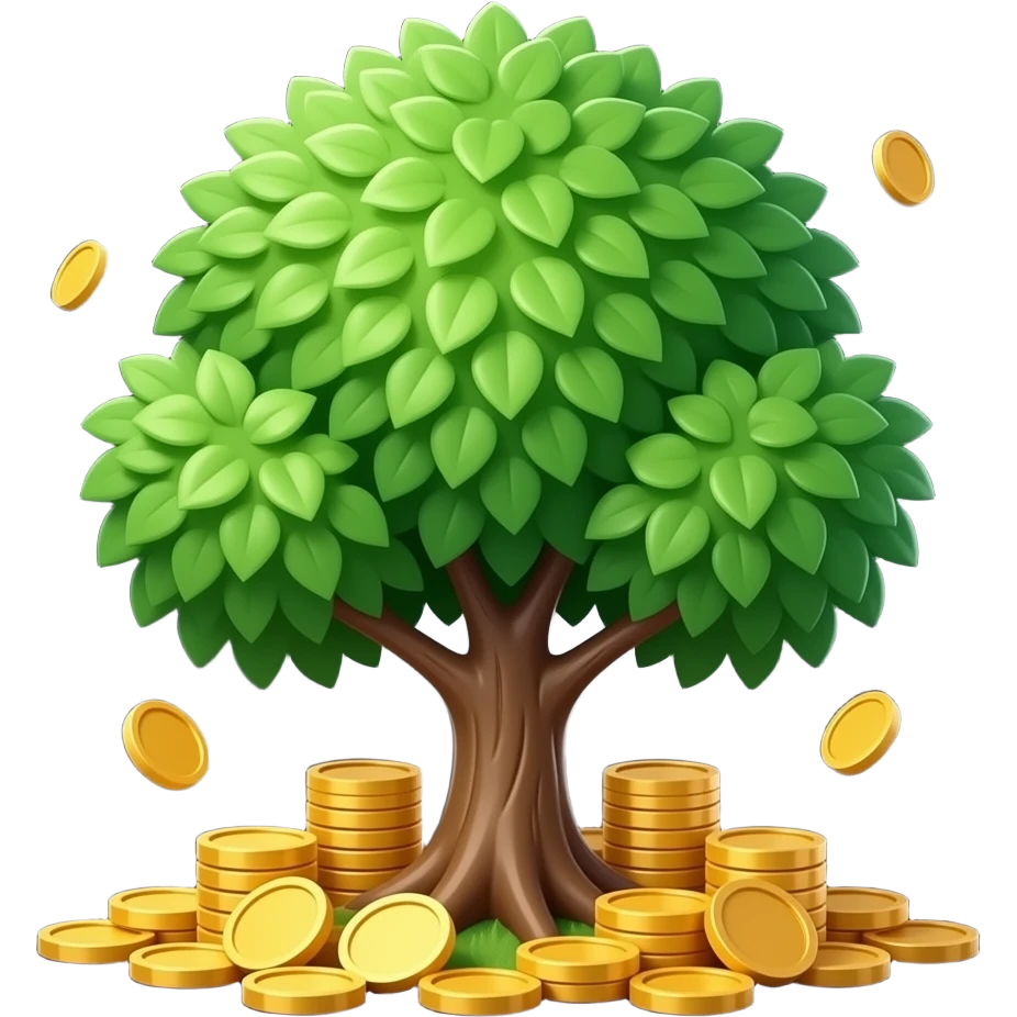 iPhone style tree emoji, glossy green leaves, much gold coins, dark background. emoji