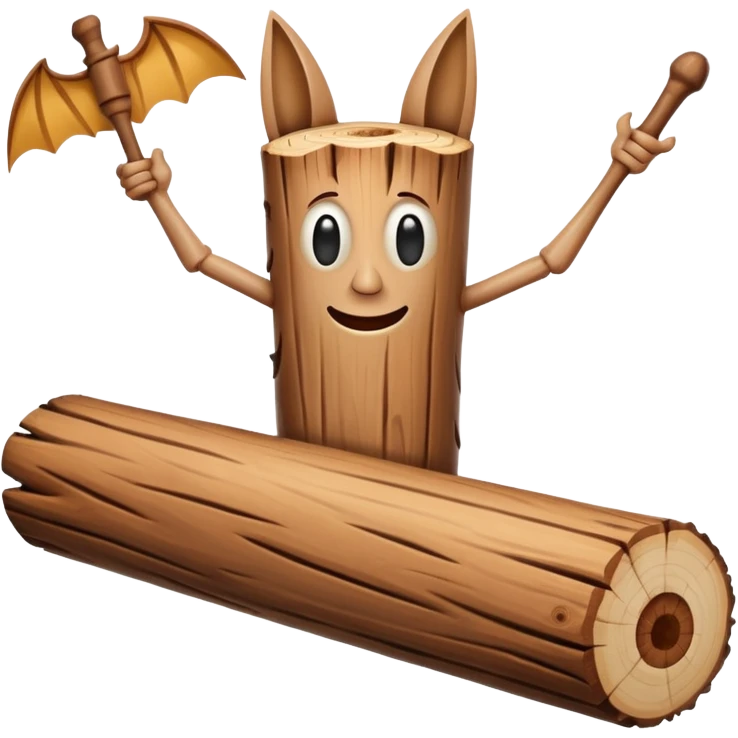 The character is an anthropomorphic wooden log with a cartoonish face, human arms and legs, and a long wooden bat, giving it a surreal, humorous appearance. emoji
