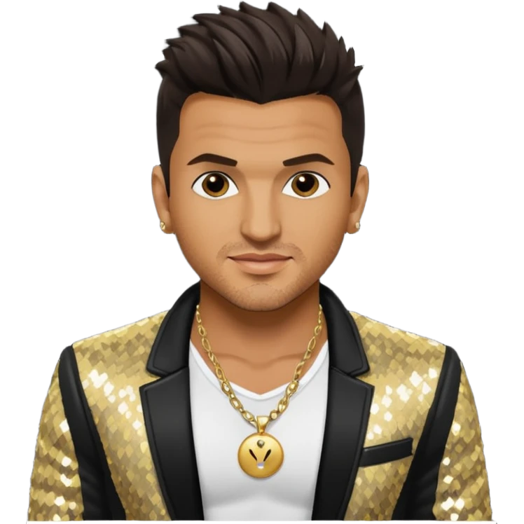 Peter Andre with dark brown hair, black sequin jacket, shirtless with necklace emoji