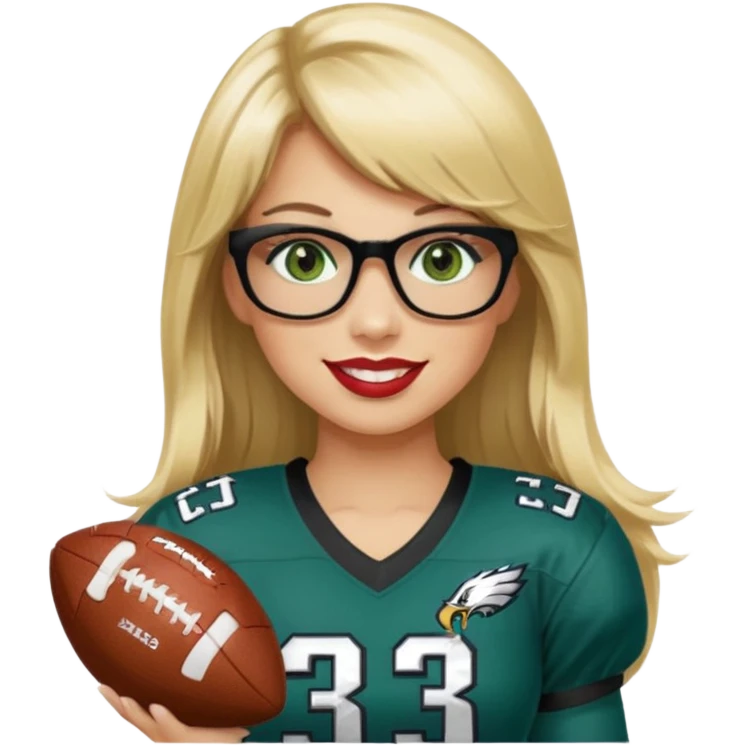 full length women wearing eagles uniform, long blonde hair, styled bangs, green eyes, black glasses, holding football, number 33, smiling, lipstick emoji