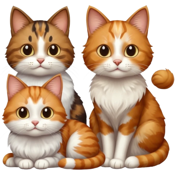 3 cats different colours including brown tabby and white, light patchy calico, and ginger and white emoji