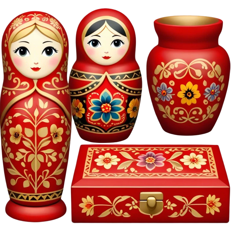 Wood painting icon, painted wooden matryoshkas (nesting dolls) of various sizes, vase, and small wooden box, visible carving tools, paintbrushes, traditional patterns in bright colors like red, gold, and black, no finished artwork, just the crafting process, minimalistic style, clean lines, transparent background. emoji