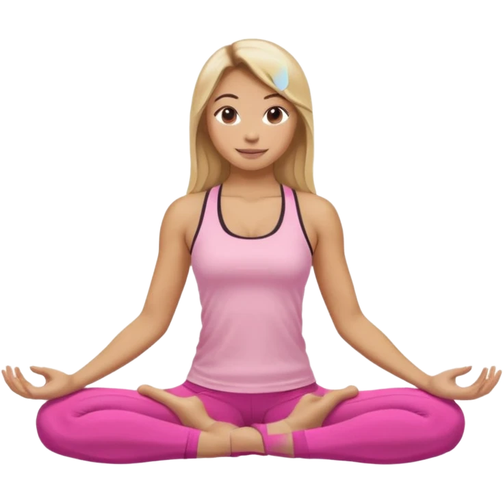 Mujer color de piel moreno clara, con cabello balayage rubio con castaño suelto y lacio y largo usando un top rosa deportivo y leggins deportivo rosa en una pose de yoga sentada, viendo hacia enfrente con ojos negros y sonriendo sin mostrar los dientes emoji