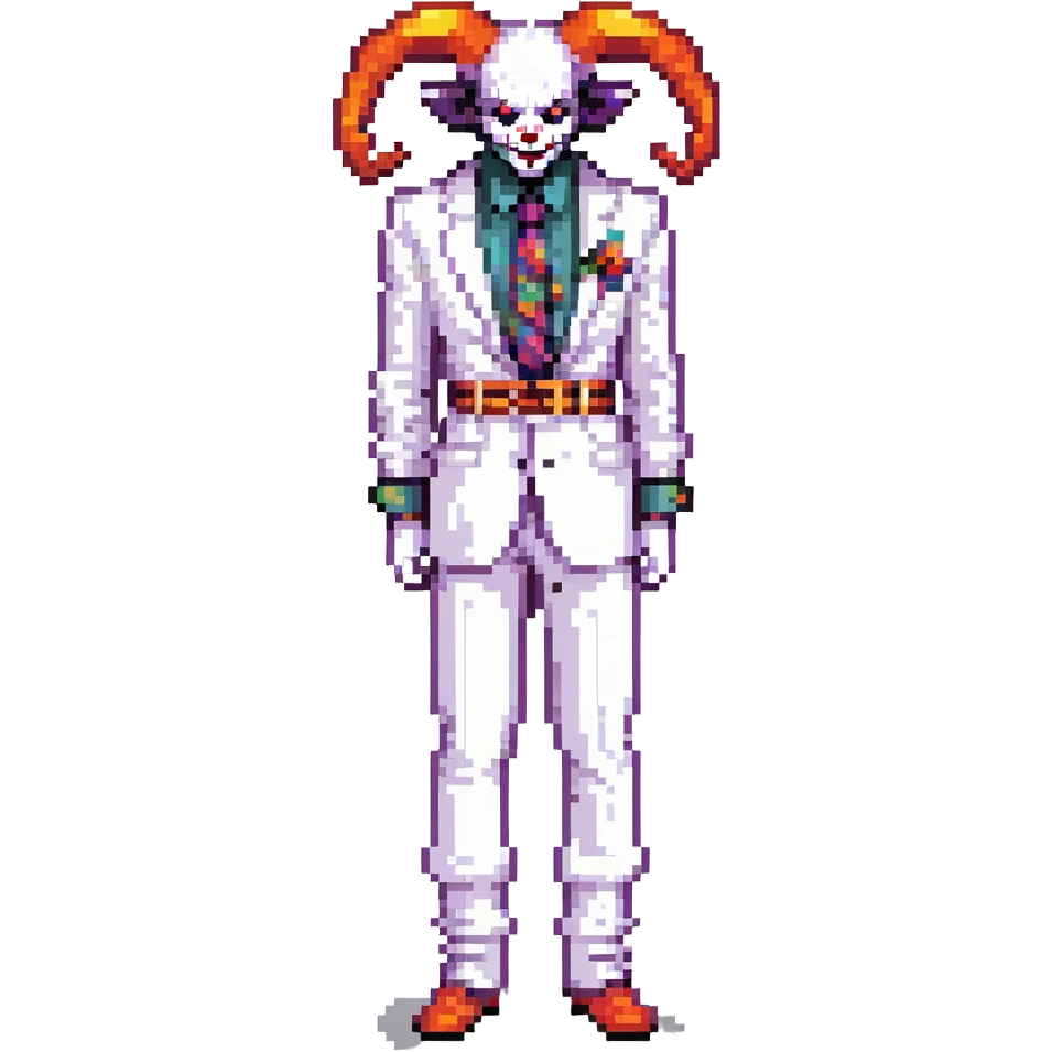 full-body demonic clown in a white leisure suit with bellbottom pants, bald, black ram horns, flashy belt, ruffled shirt, colorful tie, no elevator shoes emoji