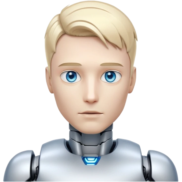 Male humanoid robot with short blond hair, metallic face, digital eyes, sharp jawline, futuristic emoji