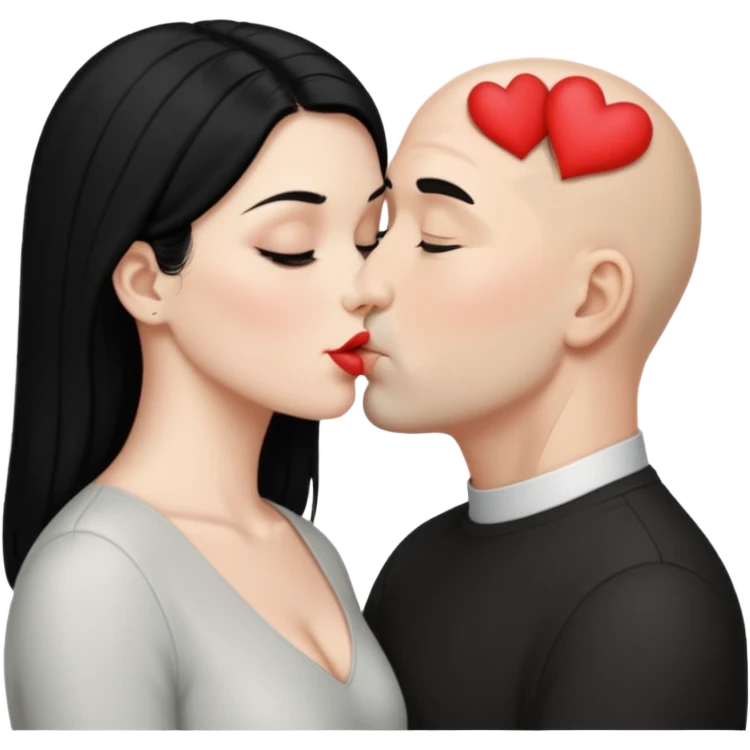 👩🏻‍❤️‍💋‍👨🏻 this one but the man should be bald. white woman with black hair and white bald man kissing emoji