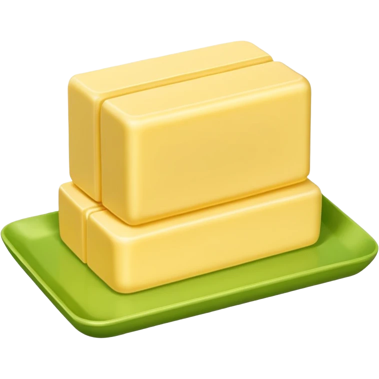 A 3D cartoon butter block identical to dairy butter, subtle green plate or tone difference, Memoji-style emoji