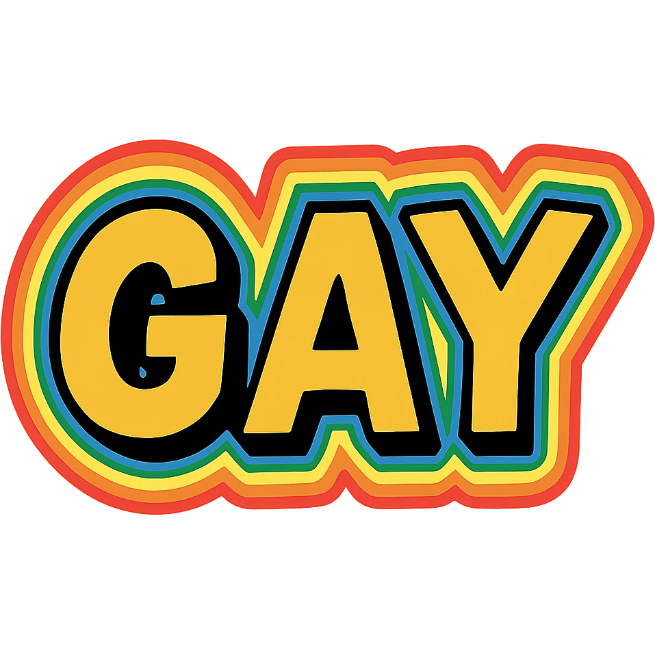 the word GAY in blocky comic font with rainbow outline emoji