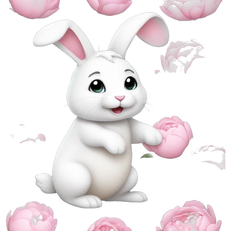 cute white bunny holding light pink peonies emoji