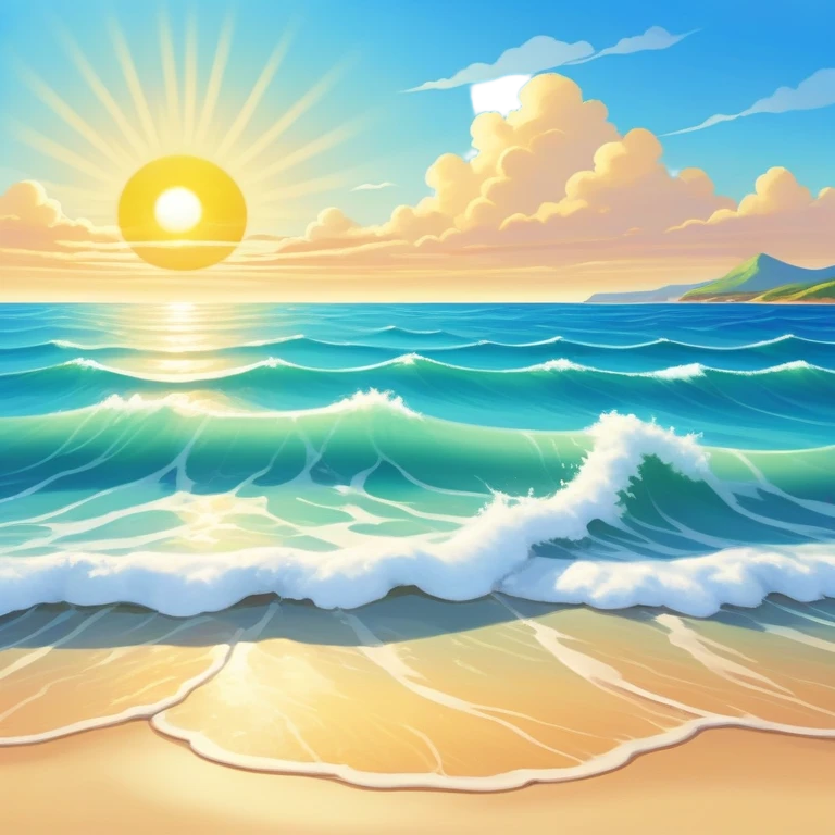 A beautiful  shoreless seascape with waves in warm tones under a bright sun, with the azure sea occupying the foreground. The sunlight reflects off the water, creating a vibrant, peaceful atmosphere. The background features a stunning sky with soft clouds and a distant horizon. emoji