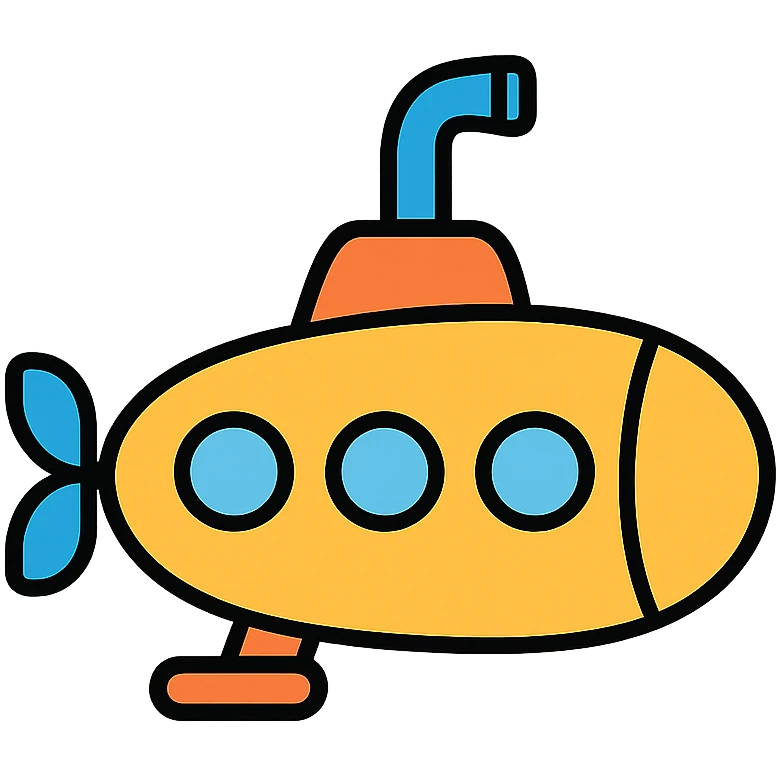 Submarine underwater vessel with periscope and propeller, colorful icon emoji