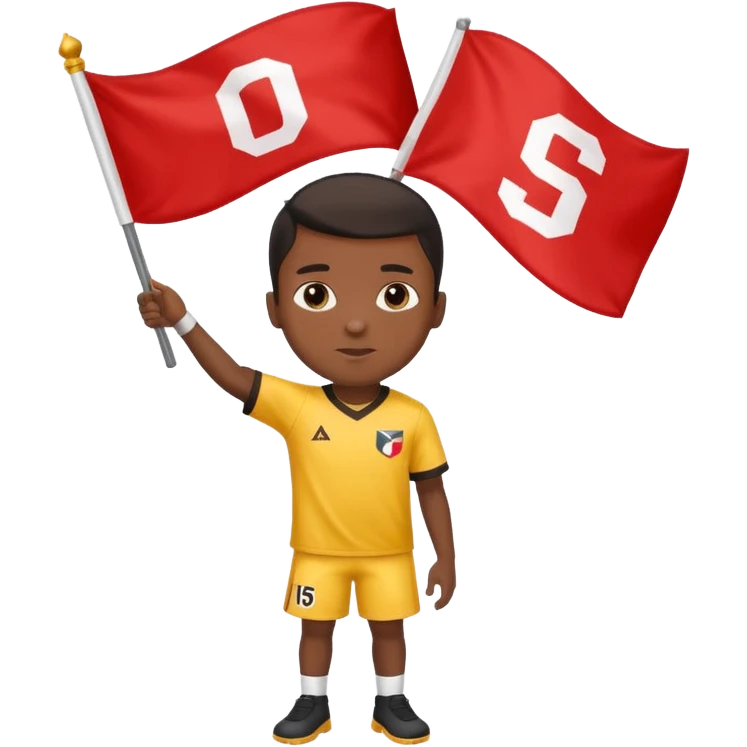 A black boy holding a big team flag, waving it proudly with a determined expression full body emoji