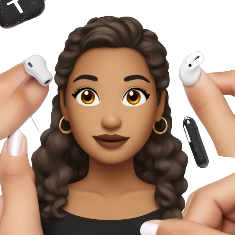 Latina makeup girl with lashes a black crop top and medium long brown hair with earrings and AirPods  emoji