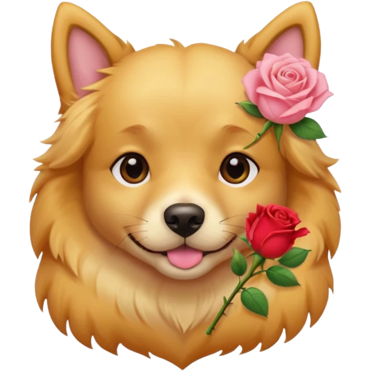 A doggie with a rose in his mouth in soft pink, beige and yellow pastel colors emoji