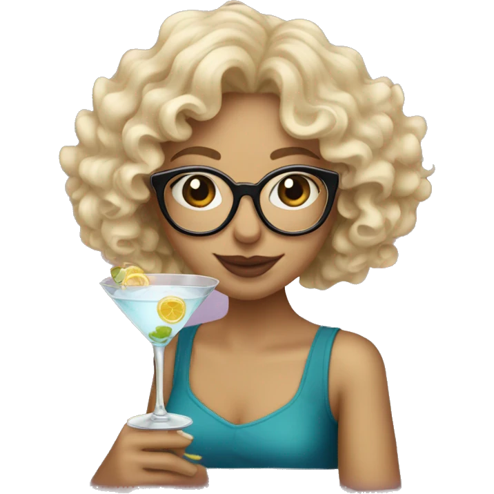 Blonde girl with curly hair and glasses drinking a martini emoji