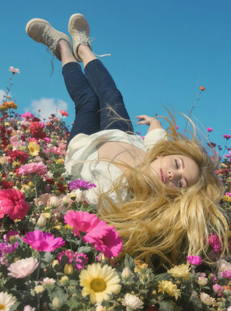 Closeup photo of a woman falling down around colorfull flowers wearing alternative fashion, blue sky minimalistic background emoji