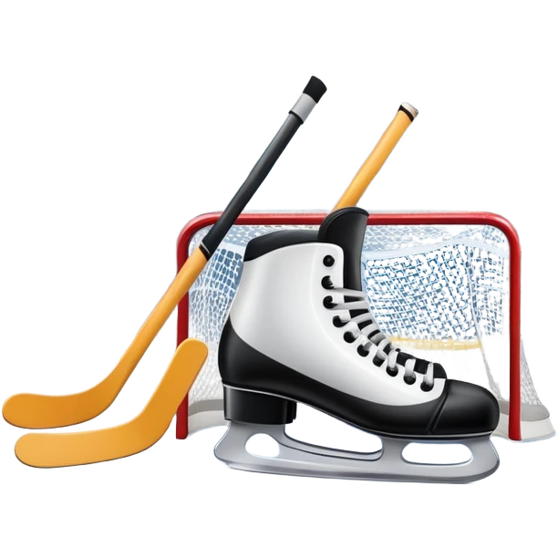 An icon showing a hockey stick, puck, skates, and goalposts on the ice. The background features a large hockey stadium with cheering fans, bright lights, and a snowy landscape visible through the arena. Transparent background highlights the main hockey equipment and atmosphere. emoji