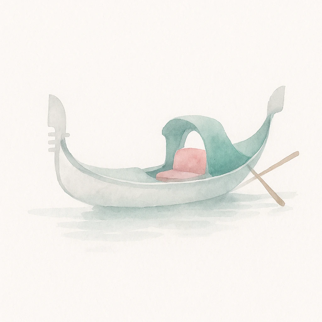 Venetian gondola in watercolor style with white, green, and pink pastel tones. emoji