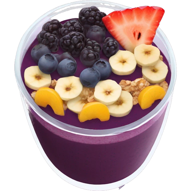 Açaí in a clear cup with layers of fruits and granola and condensed milk emoji