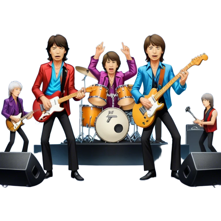 Icon for Rock Music: The Rolling Stones live on stage with Mick Jagger performing vocals, Keith Richards playing guitar, and Charlie Watts on drums. Iconic stage lights, electric guitars, and energetic crowd. Transparent background. emoji