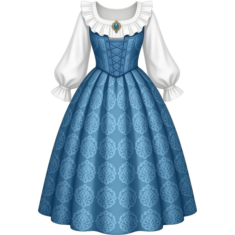 dress southern belle style colonial style white ruffled blouse with small brooch with blue patterned skirt NO BLUE CORSET emoji