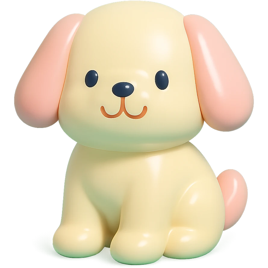               Transform {subject} into a soft vinyl figure with a smooth, glossy surface. The material should look slightly rubbery and tactile, with minimalistic curves and a matte-gloss hybrid finish. Use pastel or soft solid colors. The surface is seamless, with no visible textures or roughness. Studio lighting, vibrant background, clean, playful, designer toy aesthetic and no shadows. {subject} = dog, make sure the mouth has nice outlines emoji