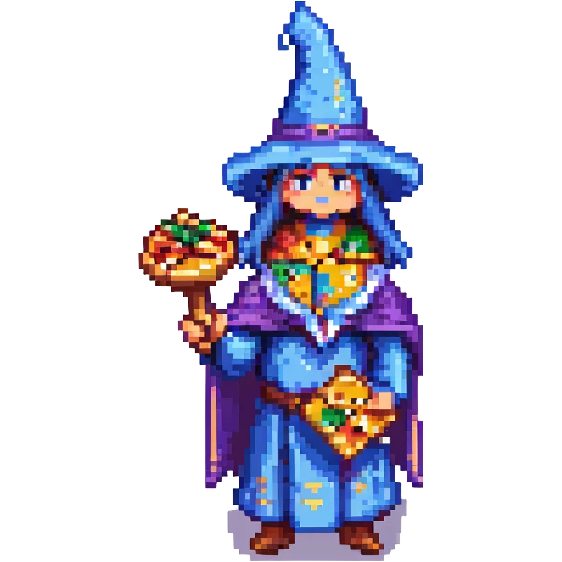 A wizard holding a pizza, 8-bit colors, simple and blocky design. emoji