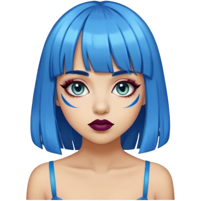 medium skine tone girl with bright blue hair and bangs with eyeliner, and dark lip liner  emoji