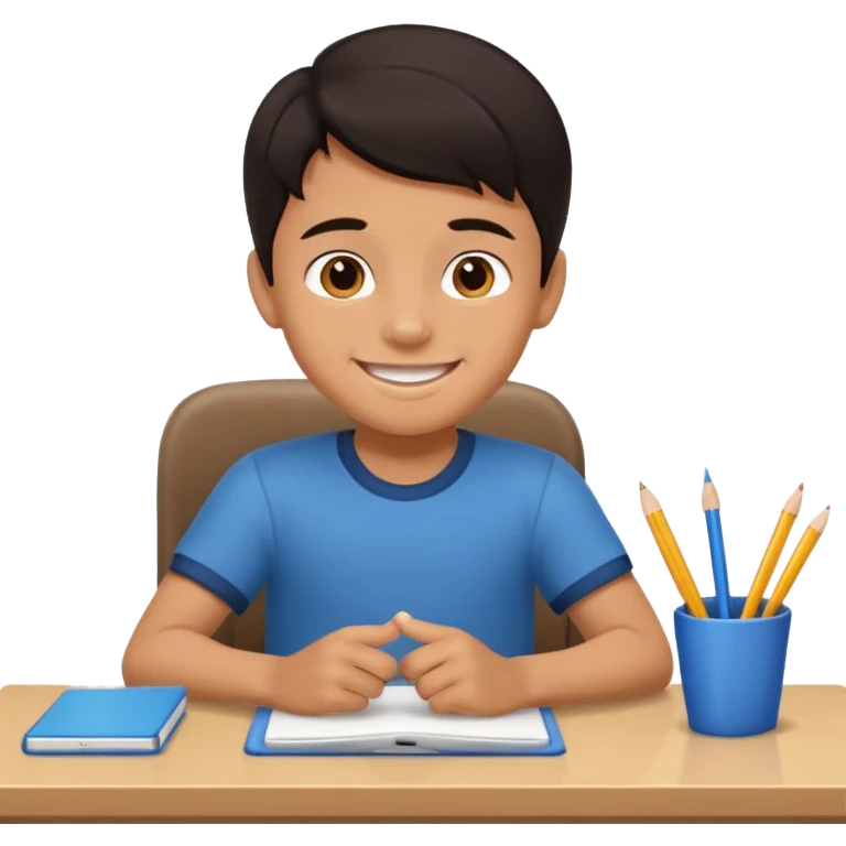 Little nice boy straight a student dark hair tan skin sitting in desk with a big smile emoji