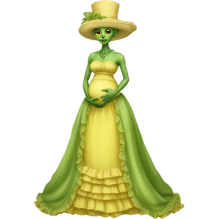 Pregnant green alien woman, full body, in victorian jellow elegant dress emoji