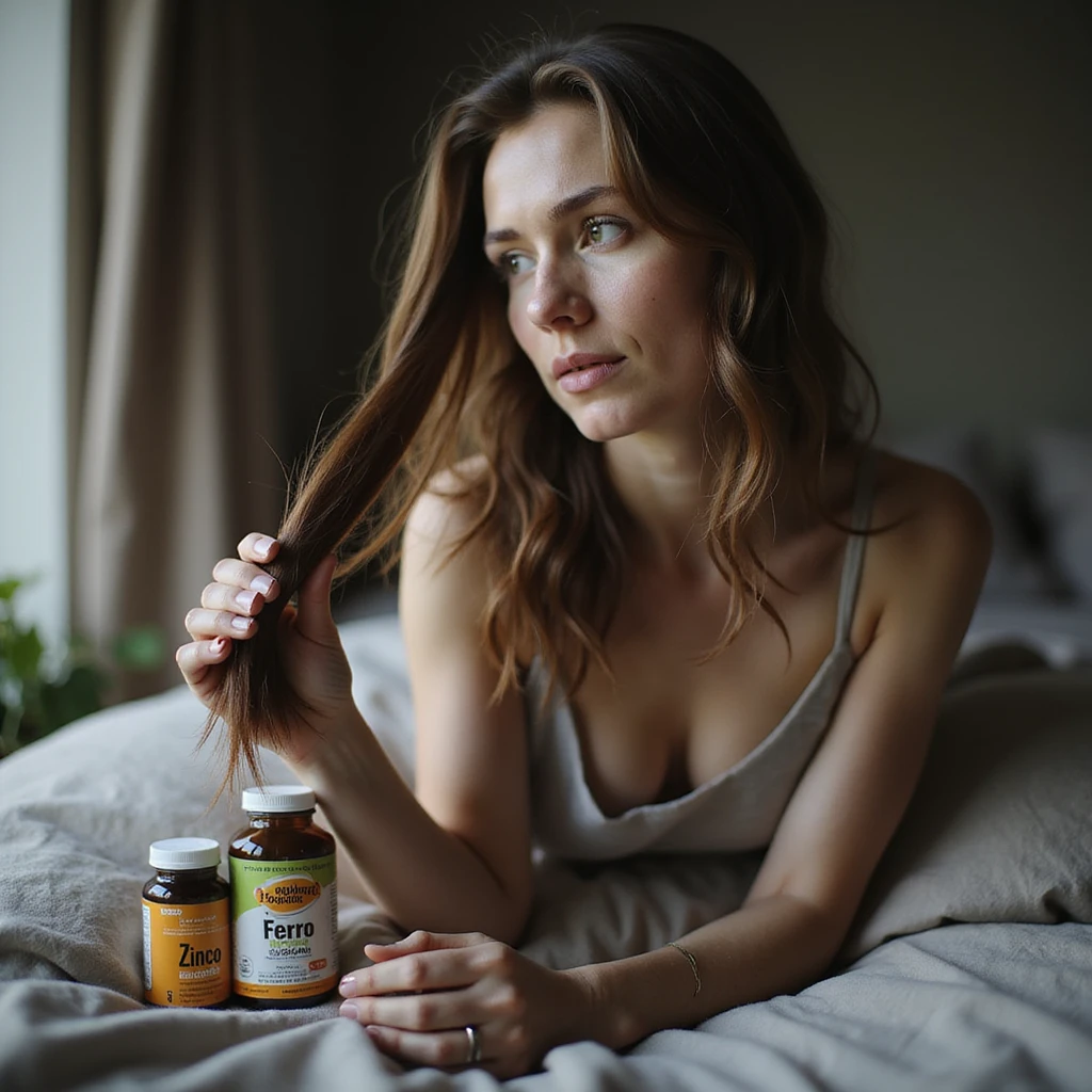 hyperrealistic 4K detailed image of a woman with PCOS, hair falling and holding a lock of hair, fragile and broken nails, pale skin, next to her bottles of supplements labeled 'Zinco', 'Ferro', 'Biotina', domestic environment emoji