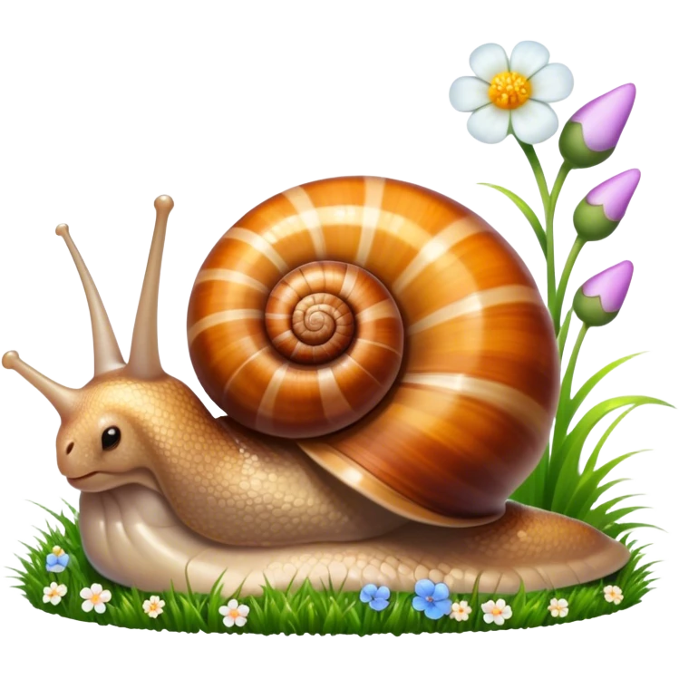 Close-up of large home snails inside a terrarium, showcasing their soft, spiral shells and glistening bodies, with a gentle light highlighting their details. With stones and grass and flowers. Transparent background. emoji