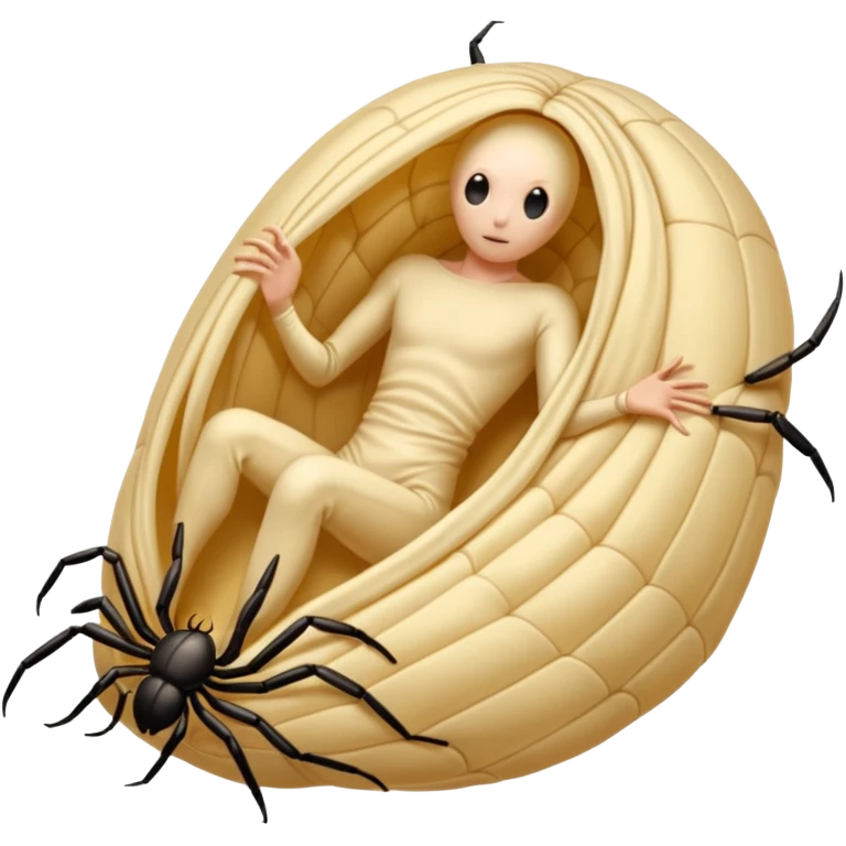 A full body image of a a human-shaped cocoon wrapped in spider silk.
The rounded, segmented wrapping and the faint lines across the surface resemble the way spiders encase prey (or unlucky characters) in silk this is meant to be a web-wrapped human body emoji