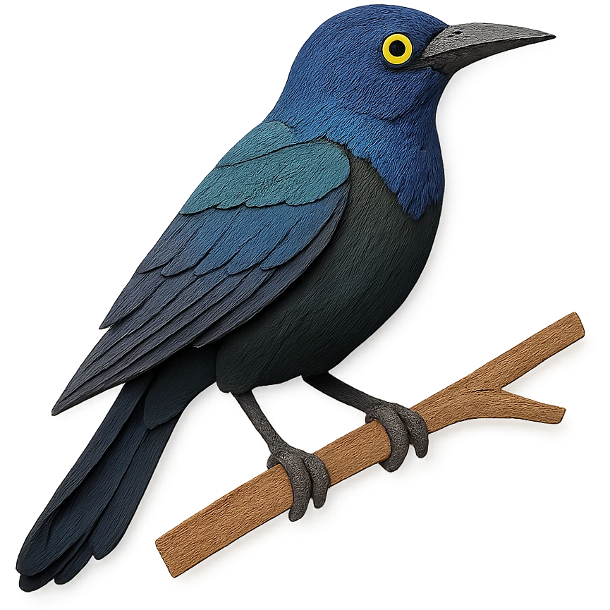 close-up of a common grackle perched on a tree branch, fine paper edges, iridescent feathers, sharp beak, yellow eye emoji